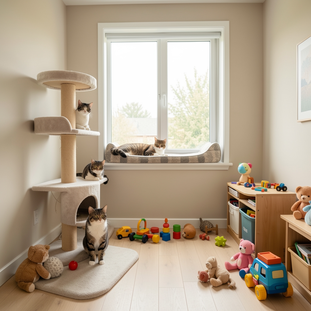 Interior de hogar pet-friendly con espacio especial para gatos con rascador, cama elevada y zona de juego bien organizada
