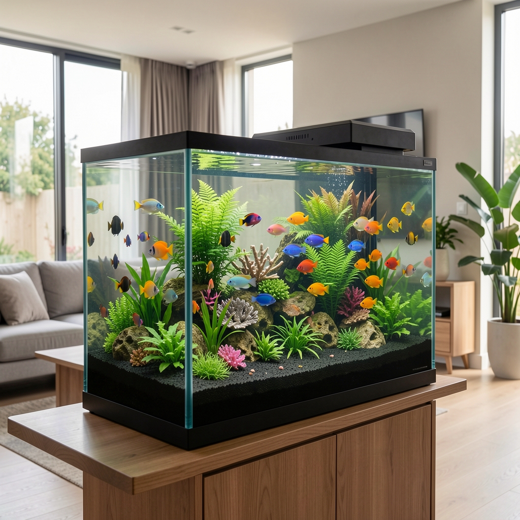 Acuario tropical de 200 litros bien decorado con plantas naturales, peces de colores vivos y sustrato oscuro en living moderno