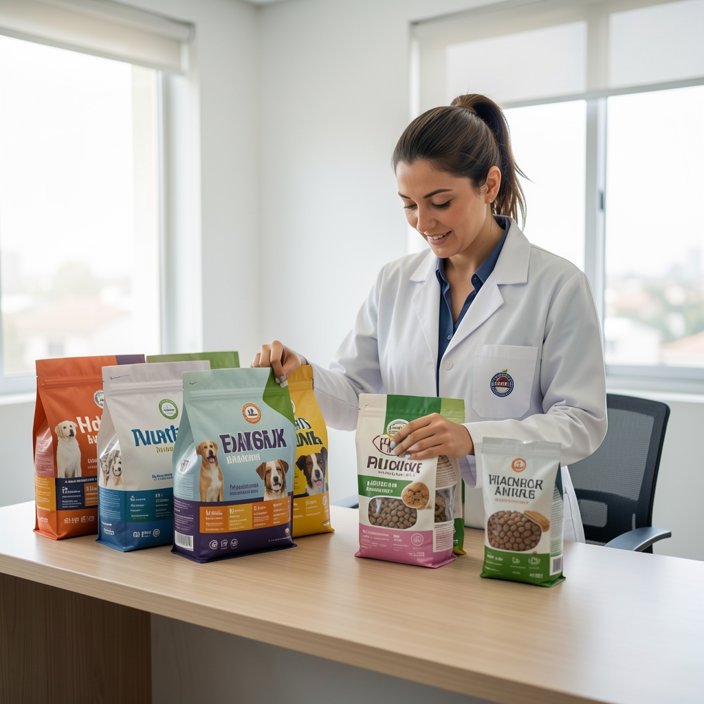 Veterinaria argentina revisando ingredientes de alimento balanceado para perro en consultorio moderno iluminado