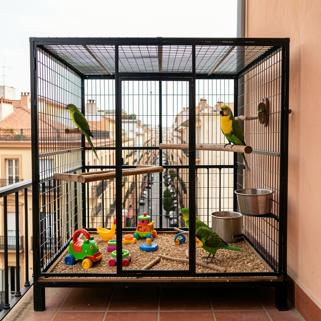 Loro australiano verde y amarillo dentro de jaula espaciosa con juguetes, percha de madera y comedero, en balcón argentino