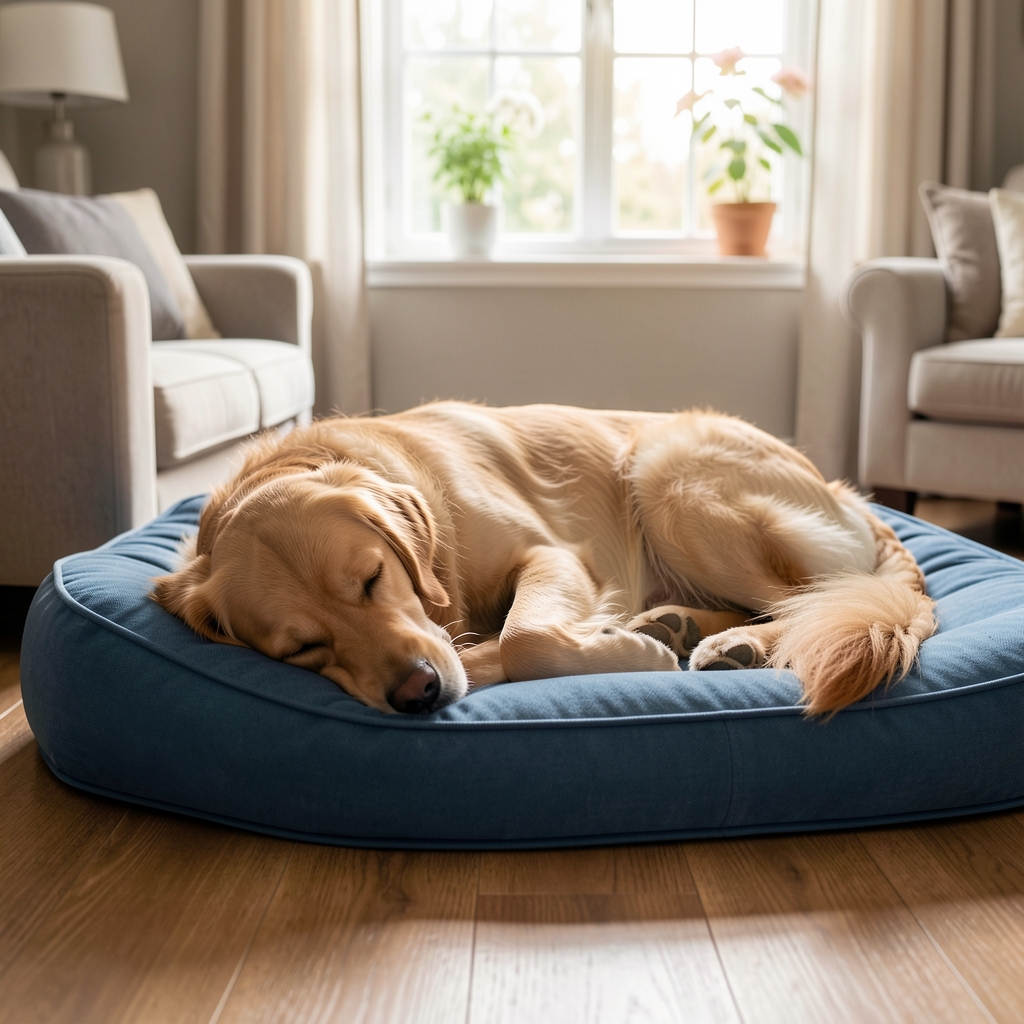 Perro golden retriever durmiendo profundamente en cama ortopédica azul en sala de estar luminosa con ventana al fondo