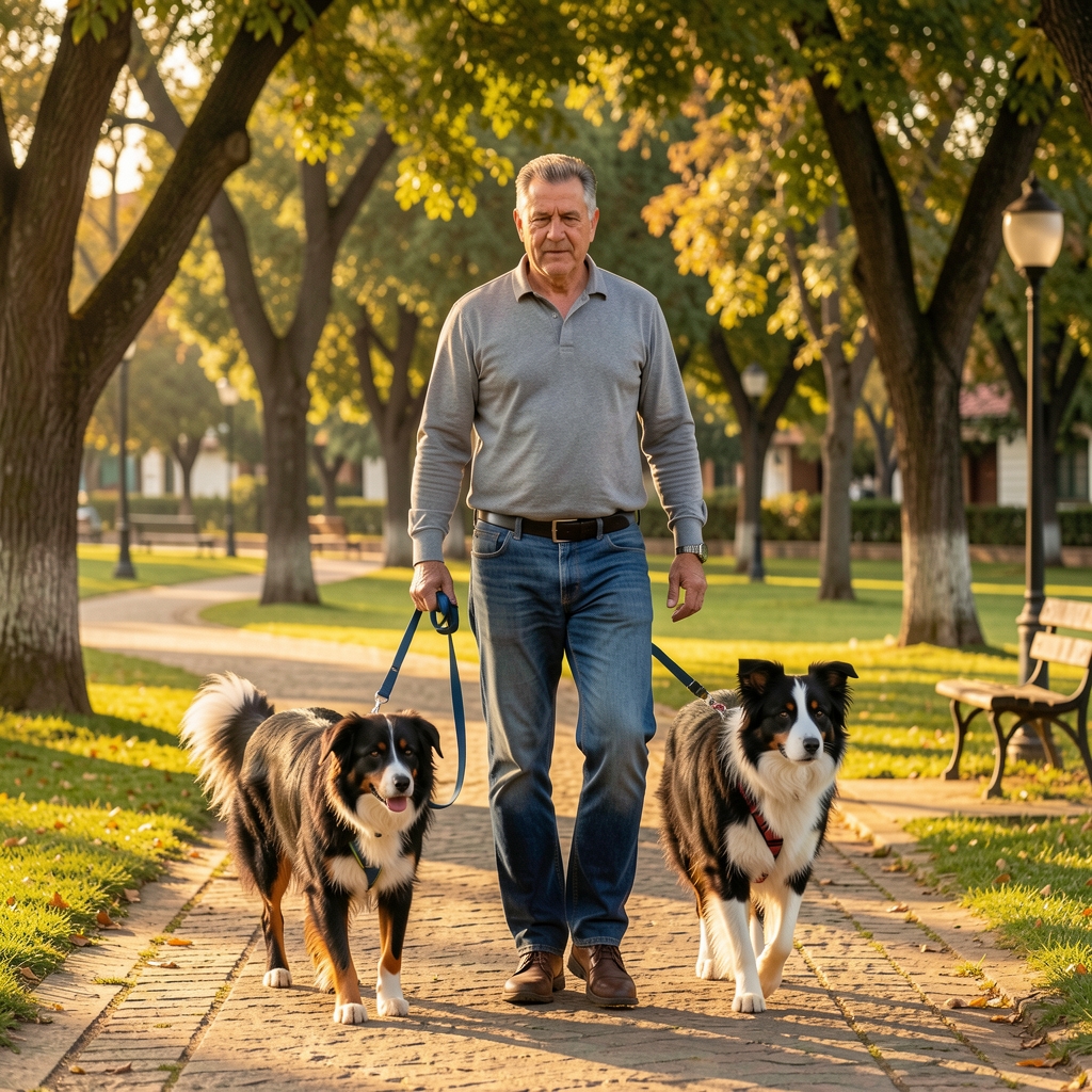 Hombre paseando perro border collie con arnés y correa retráctil en parque de Córdoba Argentina, tarde soleada
