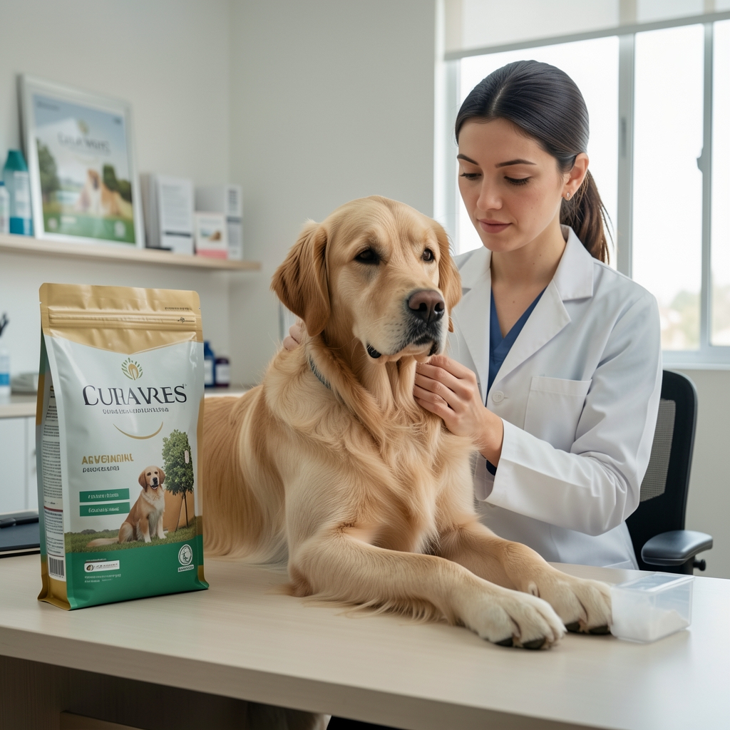 Veterinaria argentina examinando el pelaje de un golden retriever en consultorio iluminado, con bolsas de alimento premium sobre la mesa
