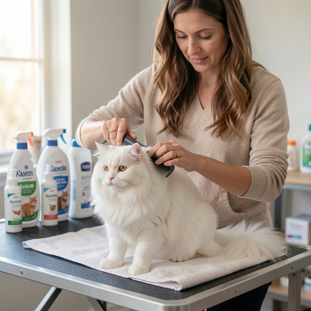 Gato persa blanco siendo cepillado por su dueña en casa, con productos de higiene felina sobre mesa de madera
