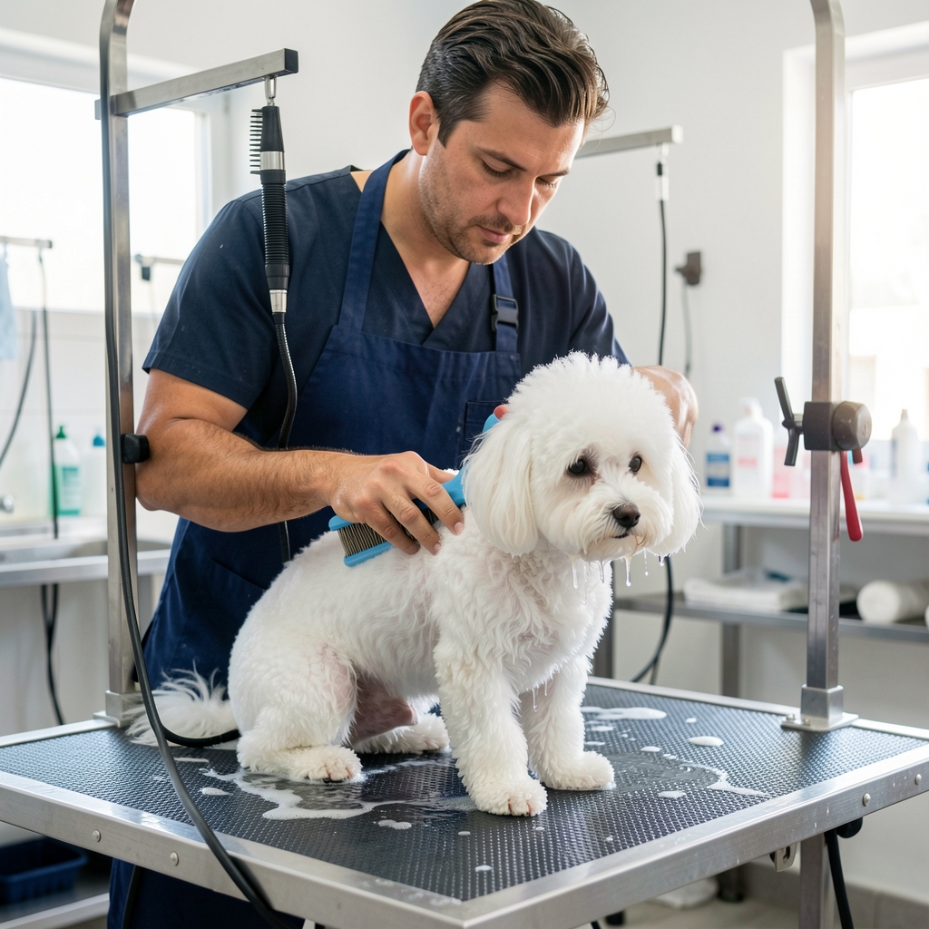 Peluquero canino argentino bañando y cepillando a un perro caniche blanco en mesa de grooming profesional