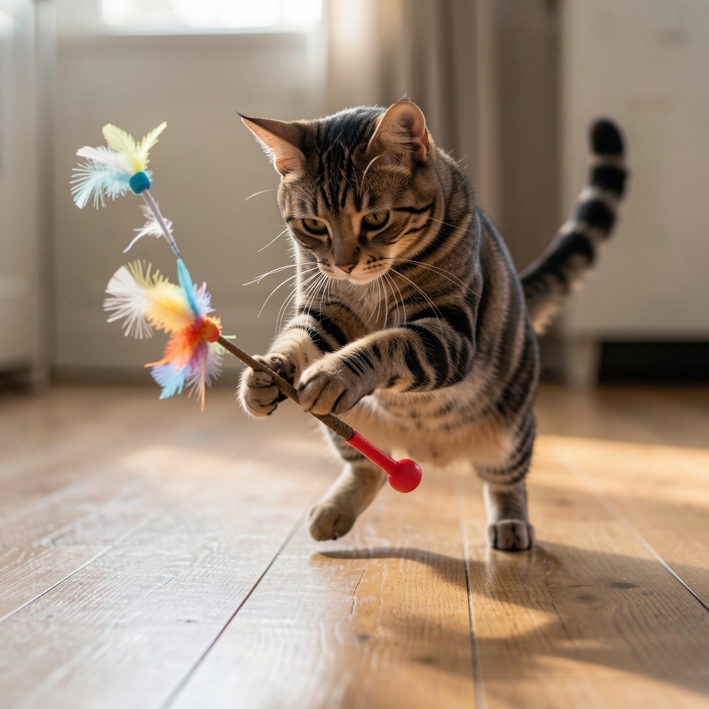 Gato atigrado jugando con vara interactiva con plumas en piso de madera, posición de salto concentrado