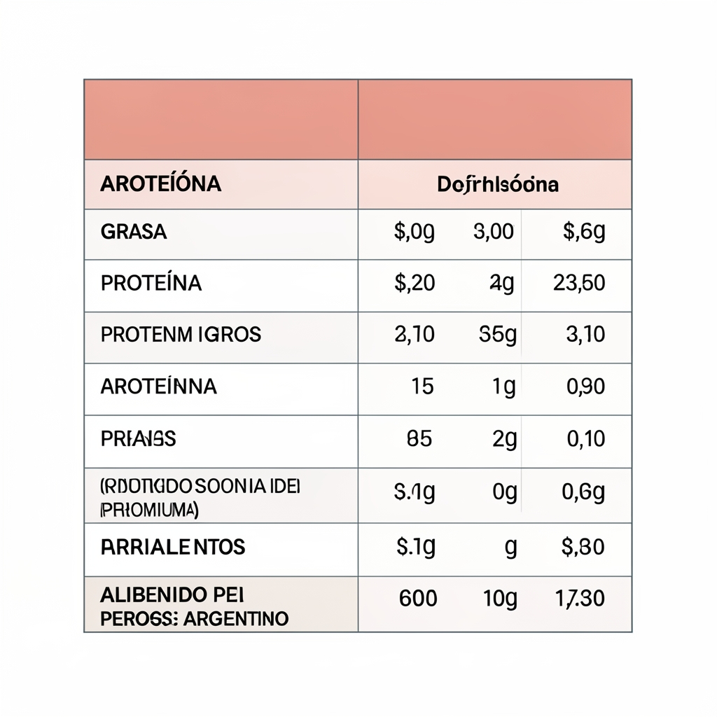 Tabla comparativa de análisis nutricional de marcas premium de alimento para perros en Argentina, con valores de proteína y grasa detallados sobre fondo blanco