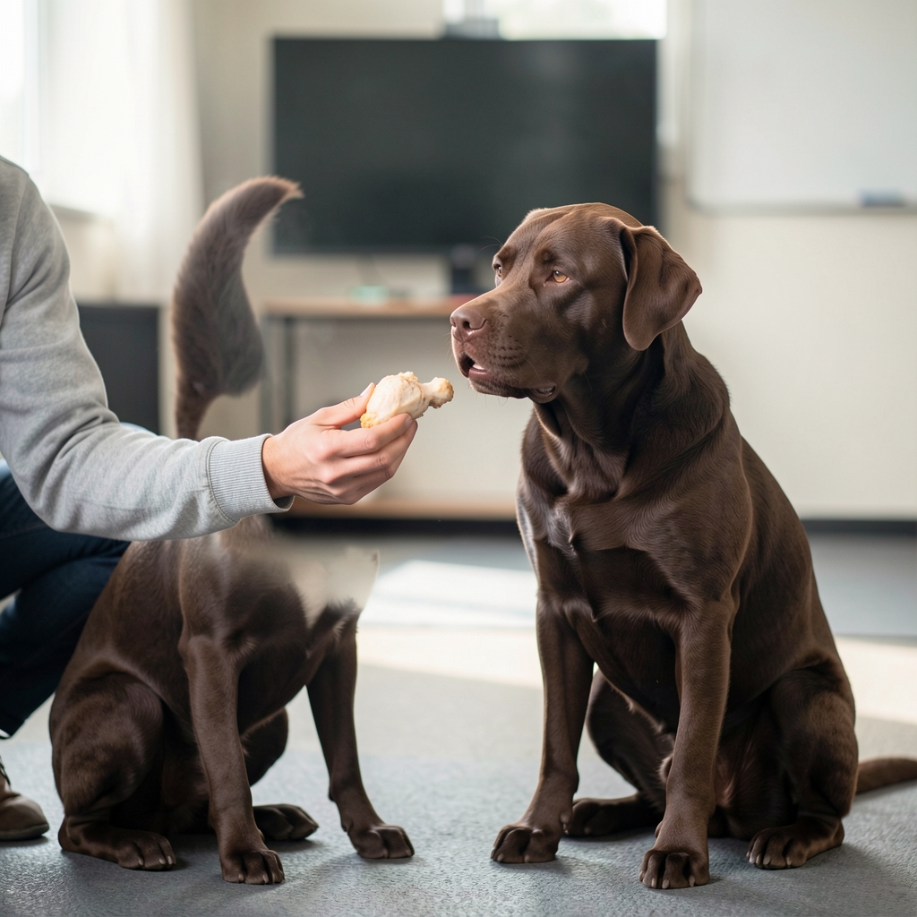 Mano ofreciendo snack natural de pollo a perro labrador chocolate que espera sentado, sesión de adiestramiento