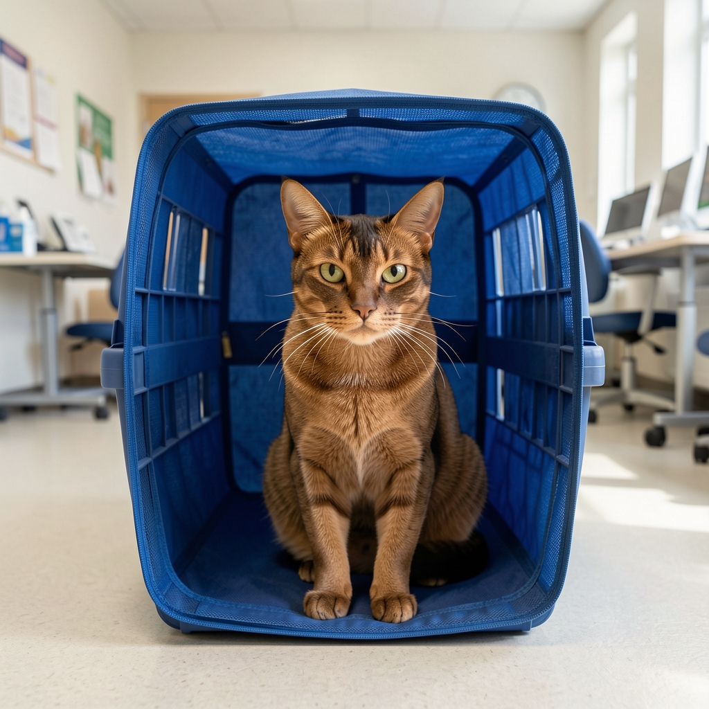 Gato siamés dentro de transportadora de tela azul en sala de espera veterinaria, con expresión tranquila