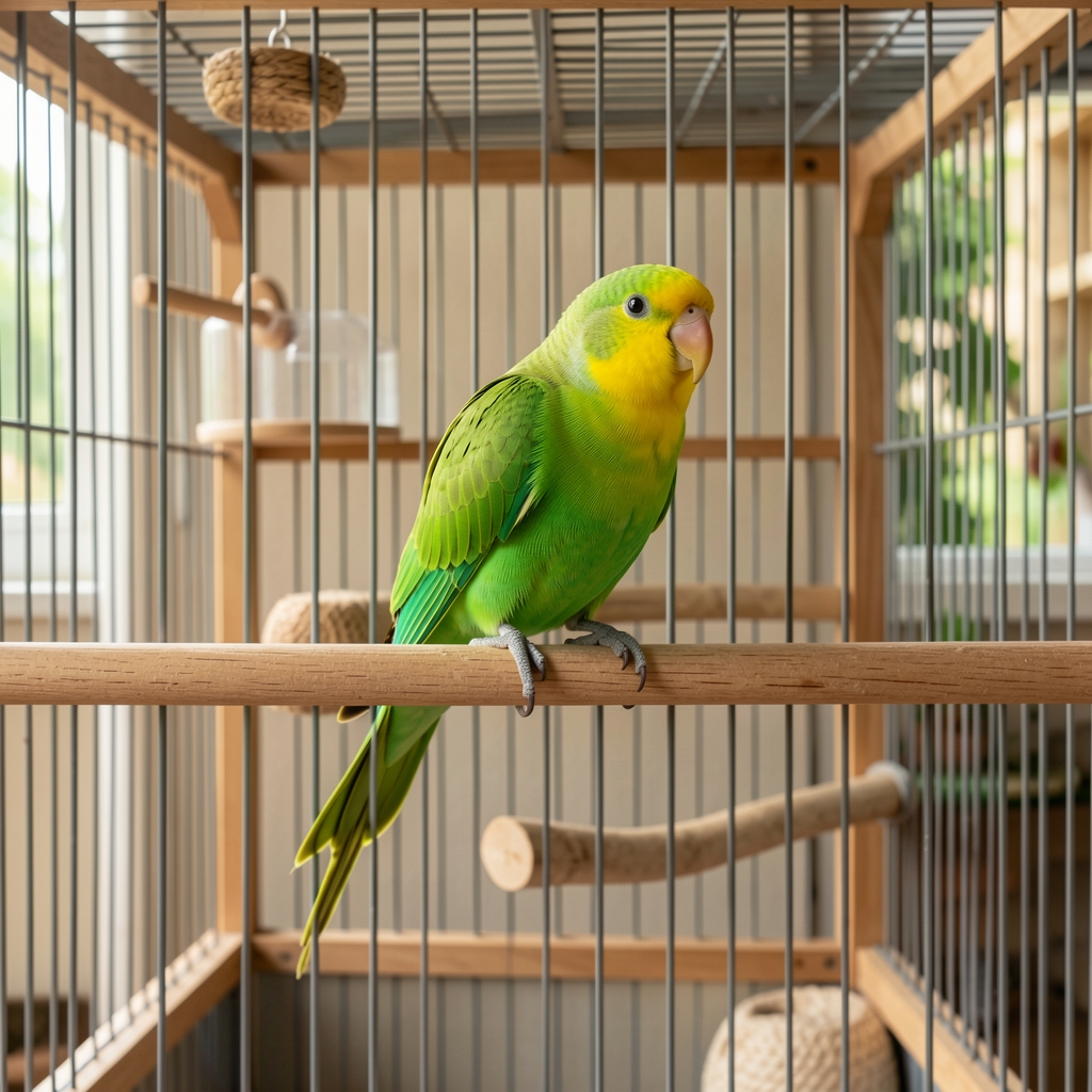 Loro periquito verde y amarillo posado en percha de madera con plumaje brillante en jaula espaciosa con accesorios