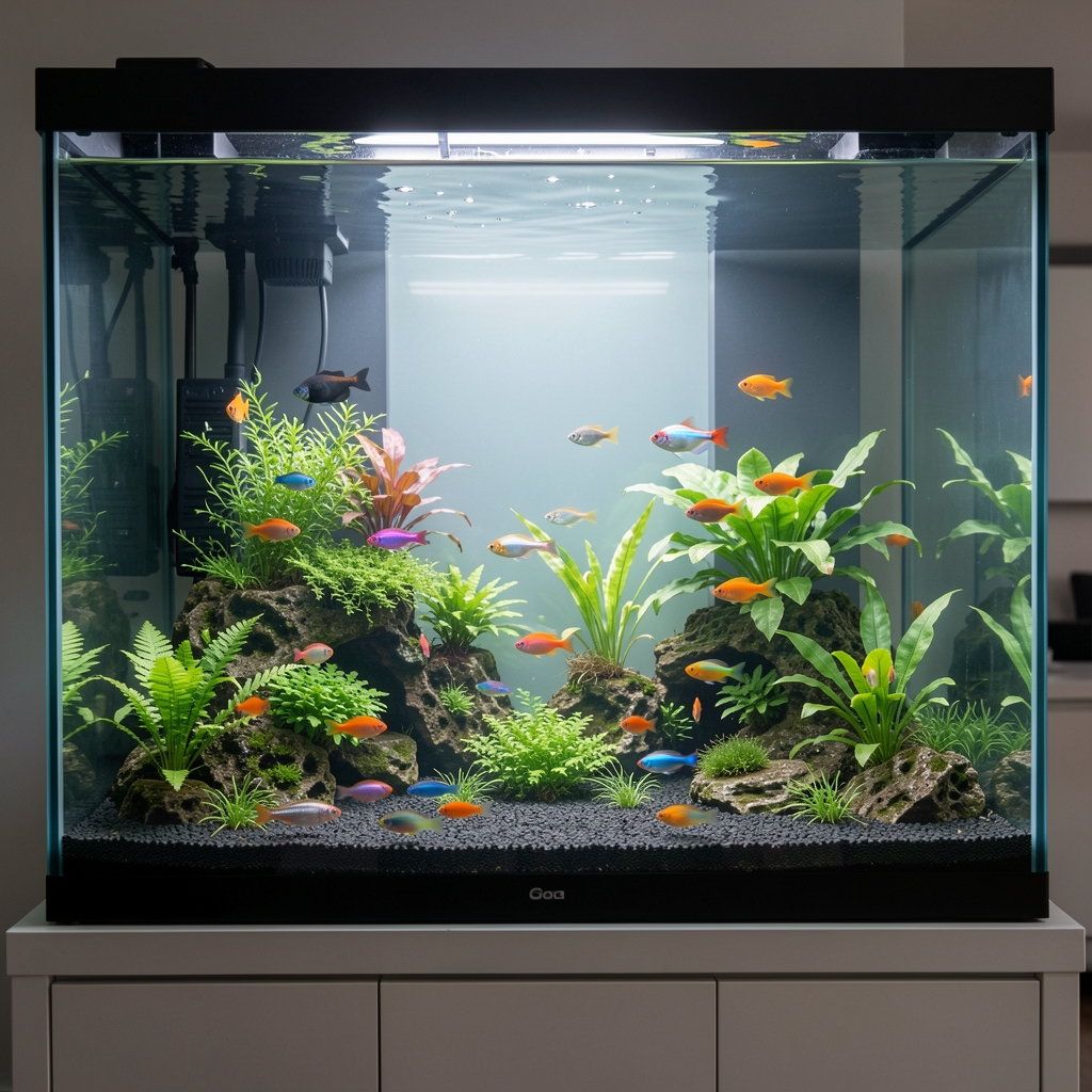 Acuario moderno bien iluminado con peces tropicales de colores vibrantes, plantas acuáticas y sustrato oscuro