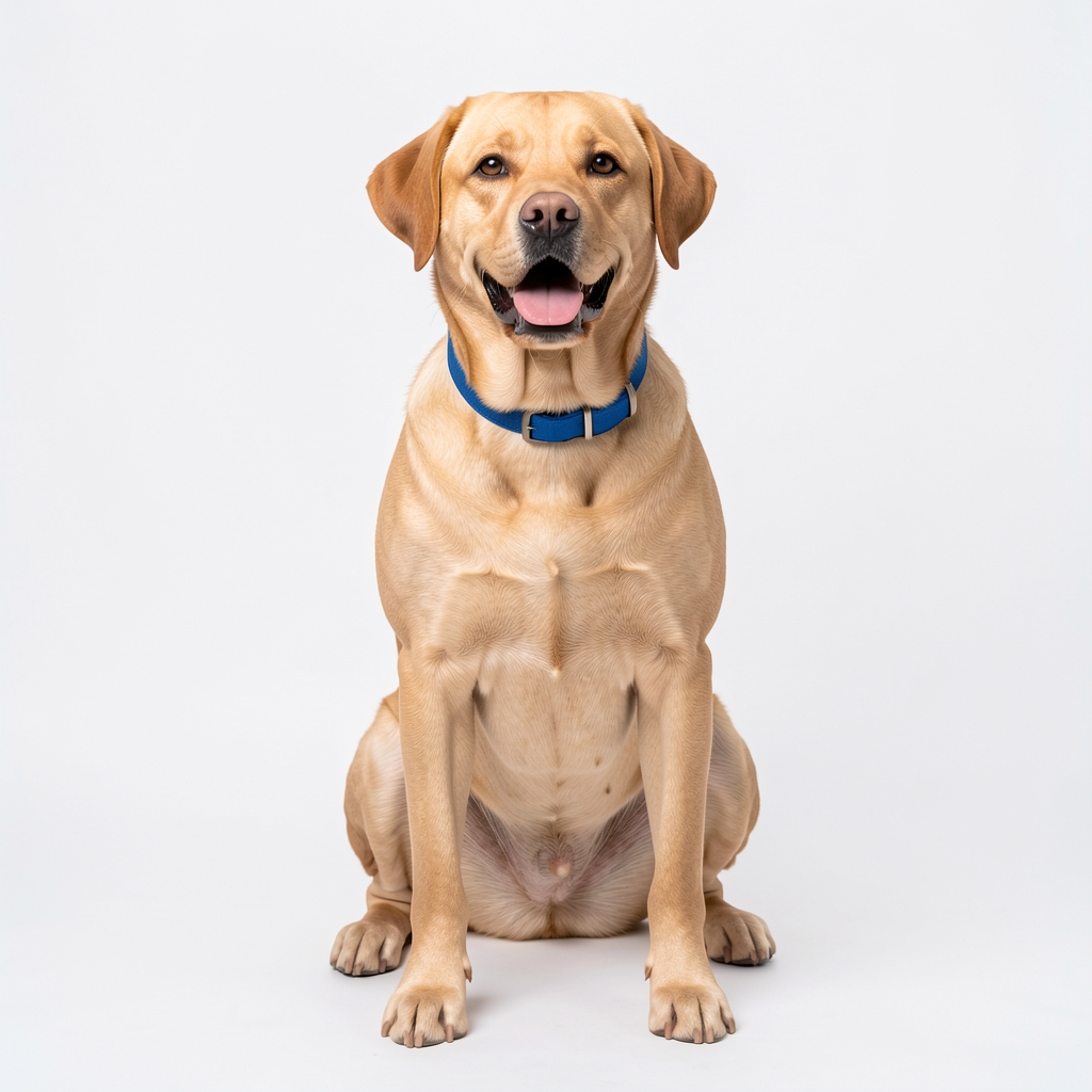 Perro labrador dorado con collar azul sentado sobre fondo blanco limpio con expresión alegre
