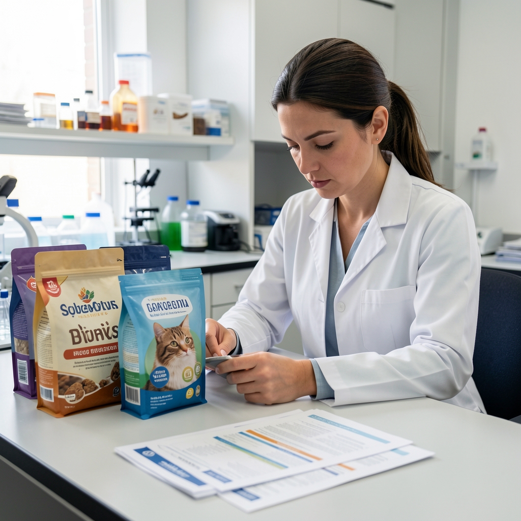 Veterinaria argentina revisando productos para mascotas en mesa de laboratorio, con packaging de alimentos y fichas técnicas, expresión concentrada