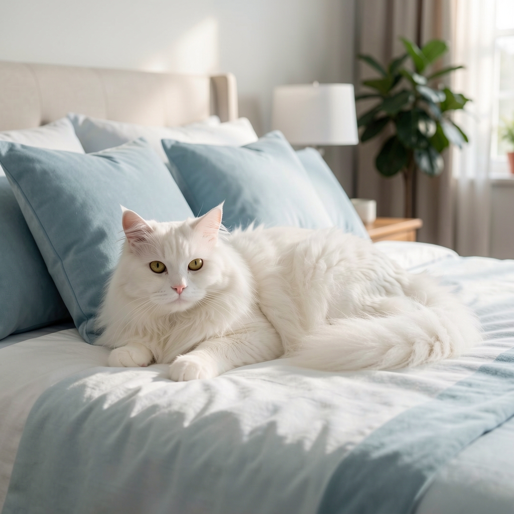 Gato persa blanco de pelo largo acostado en cama suave premium con almohadones celestes en ambiente hogareño luminoso