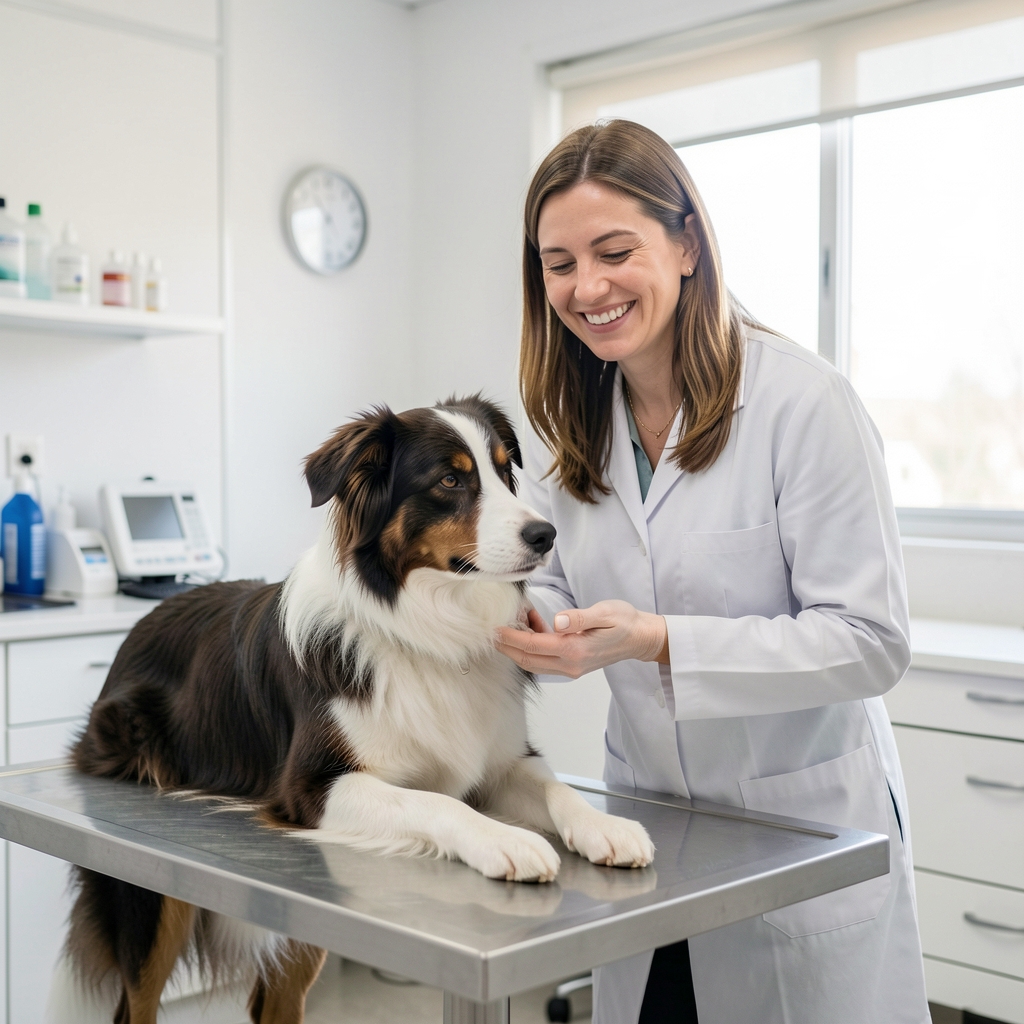 Veterinaria argentina sonriente revisando a un border collie en consultorio bien iluminado con mesa de exploración