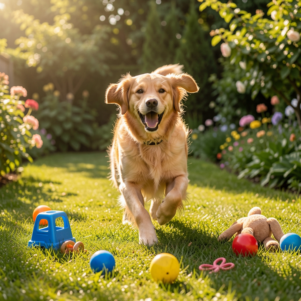 Perro golden retriever feliz corriendo en un jardín verde soleado con juguetes coloridos esparcidos en el césped