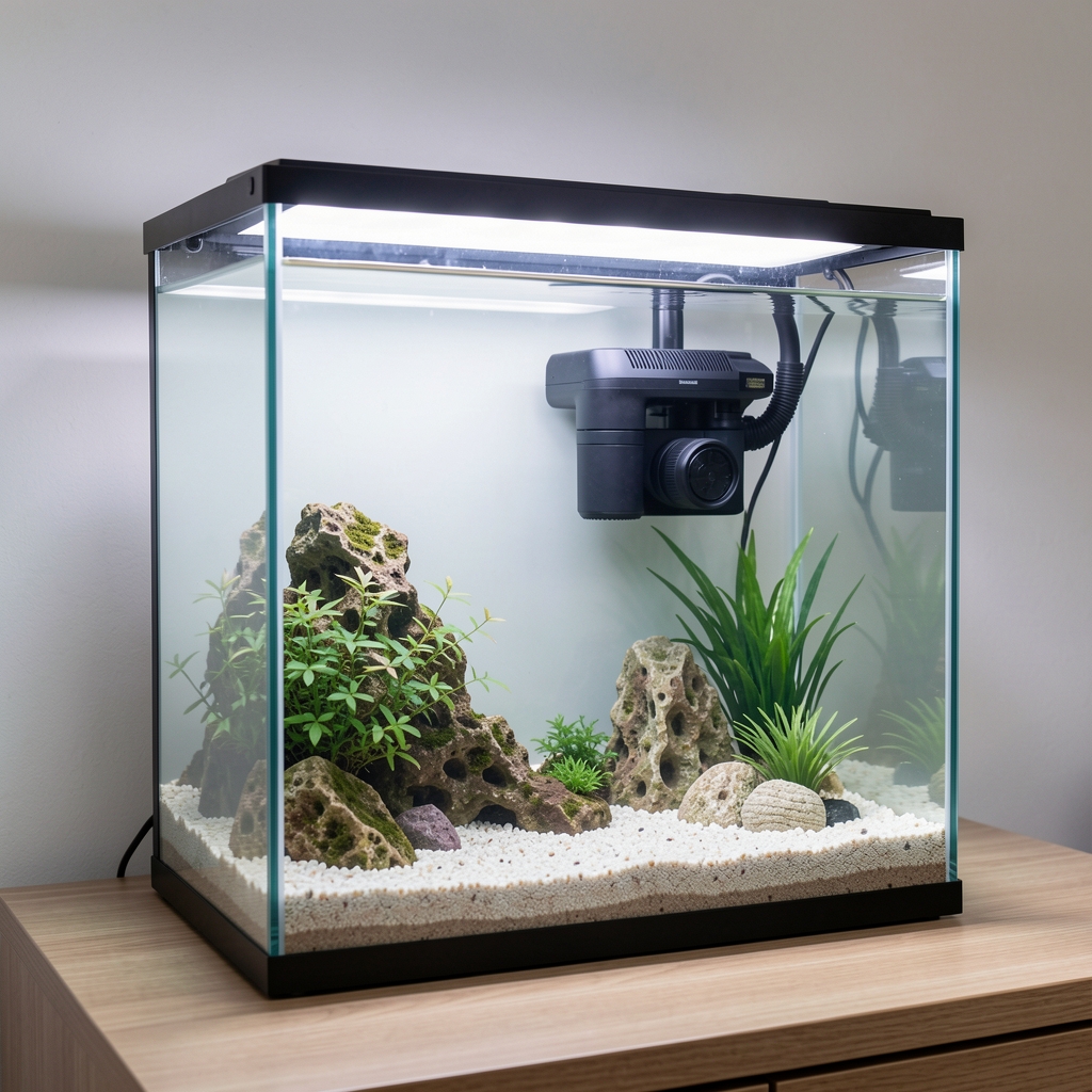 Acuario completo de vidrio 60 litros con tapa, filtro interno silencioso, iluminación LED blanca y decoración básica incluida