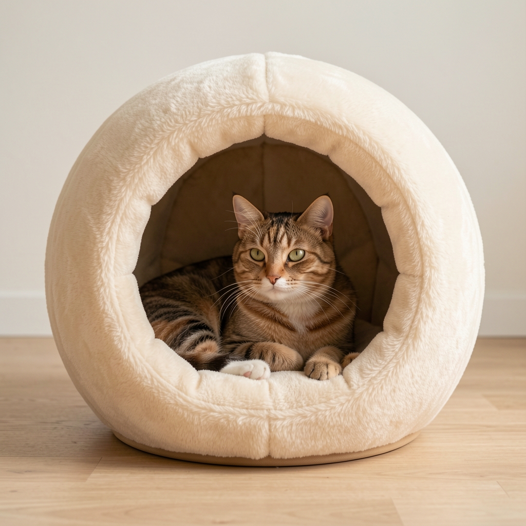 Cama cueva para gatos de forma redondeada en felpa suave color crema con interior acolchado y base antideslizante