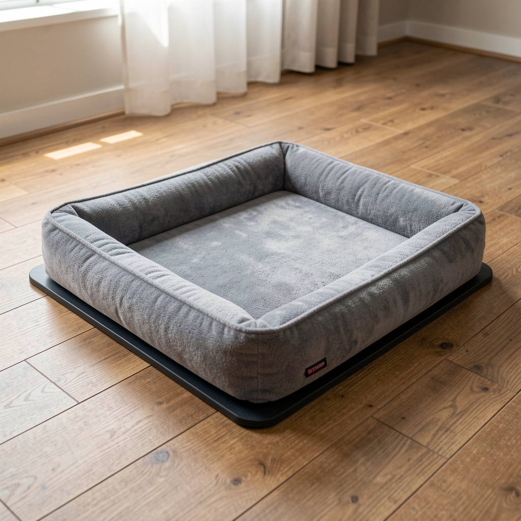 Cama ortopédica para perros grande de felpa gris con bordes elevados y base antideslizante sobre piso de madera