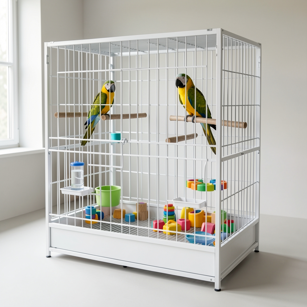 Jaula para loros color blanca de acero cromado con comedero automático, bebedero y espacio para juguetes de 80x50x120cm