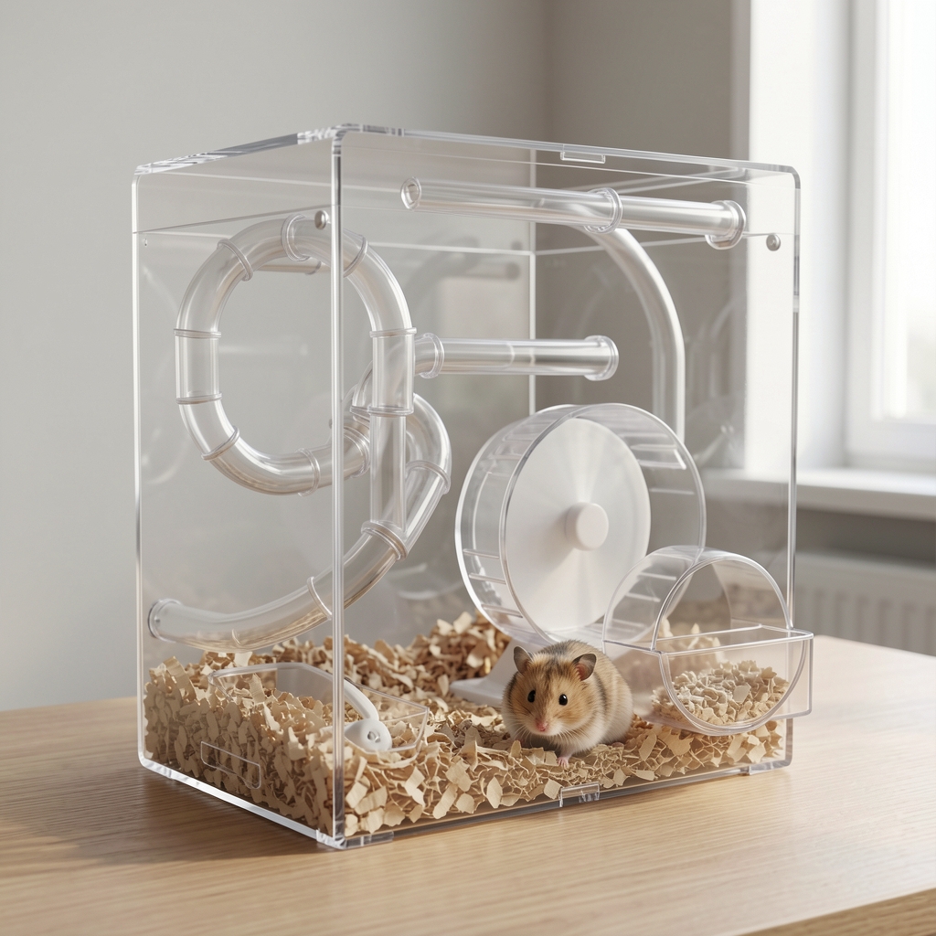 Hábitat moderno para hámster sirio de plástico transparente con múltiples tubos de conexión, rueda silenciosa y comedero integrado