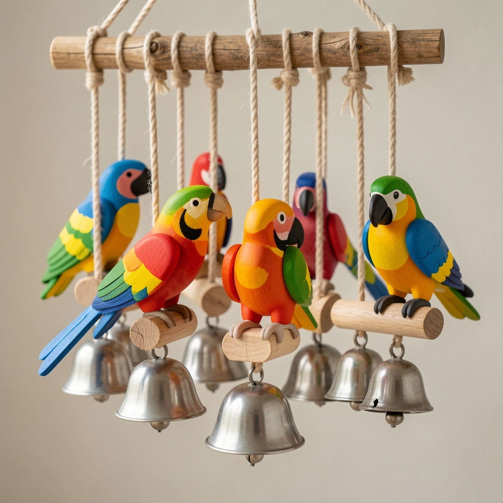 Juguetes coloridos colgantes para loros en madera natural no tóxica con cuerdas de algodón y campanas metálicas
