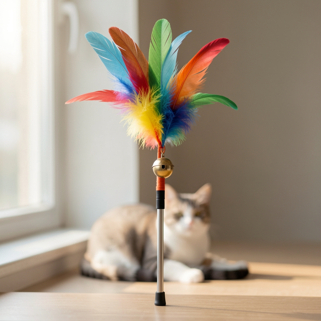 Juguete interactivo para gatos con varita telescópica de plumas naturales multicolor y campanilla para estimulación mental