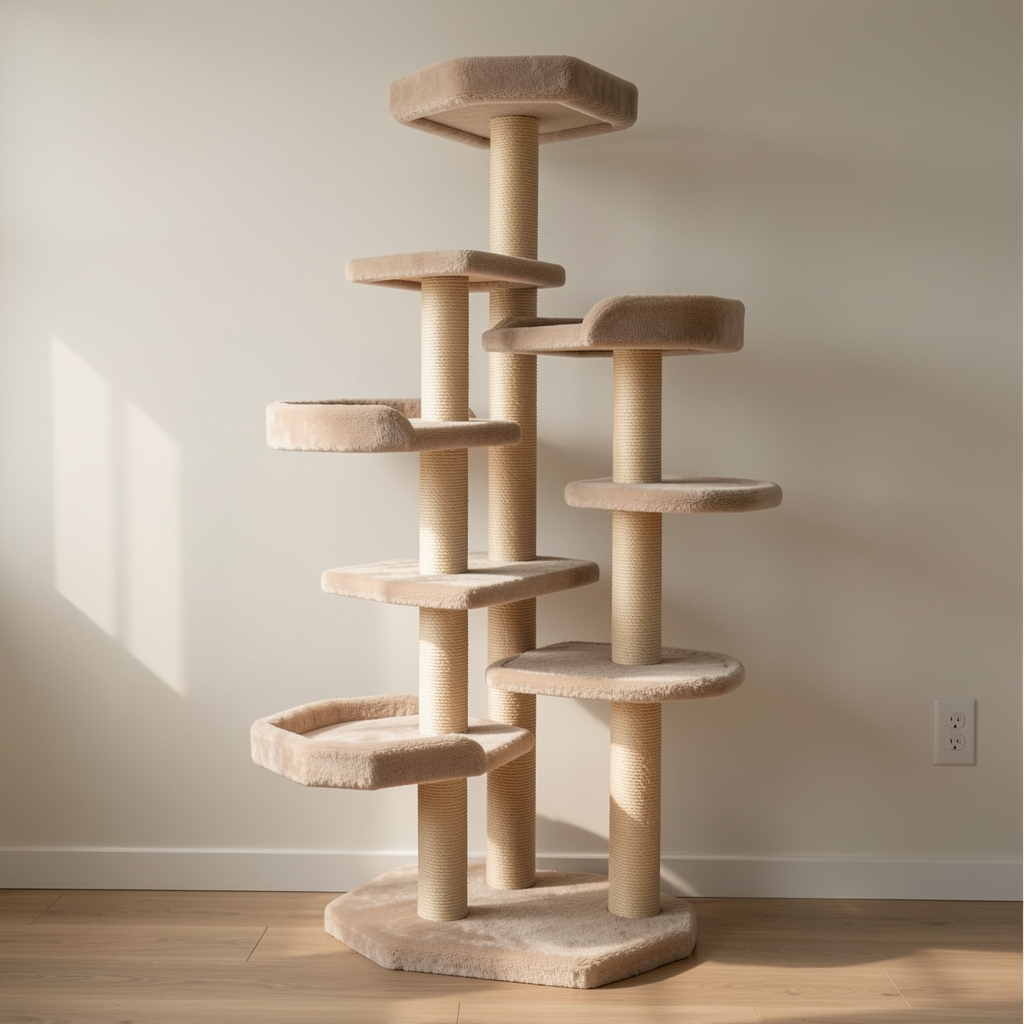 Rascador para gatos en forma de árbol de 130cm con plataformas forradas en felpa beige y sisal natural