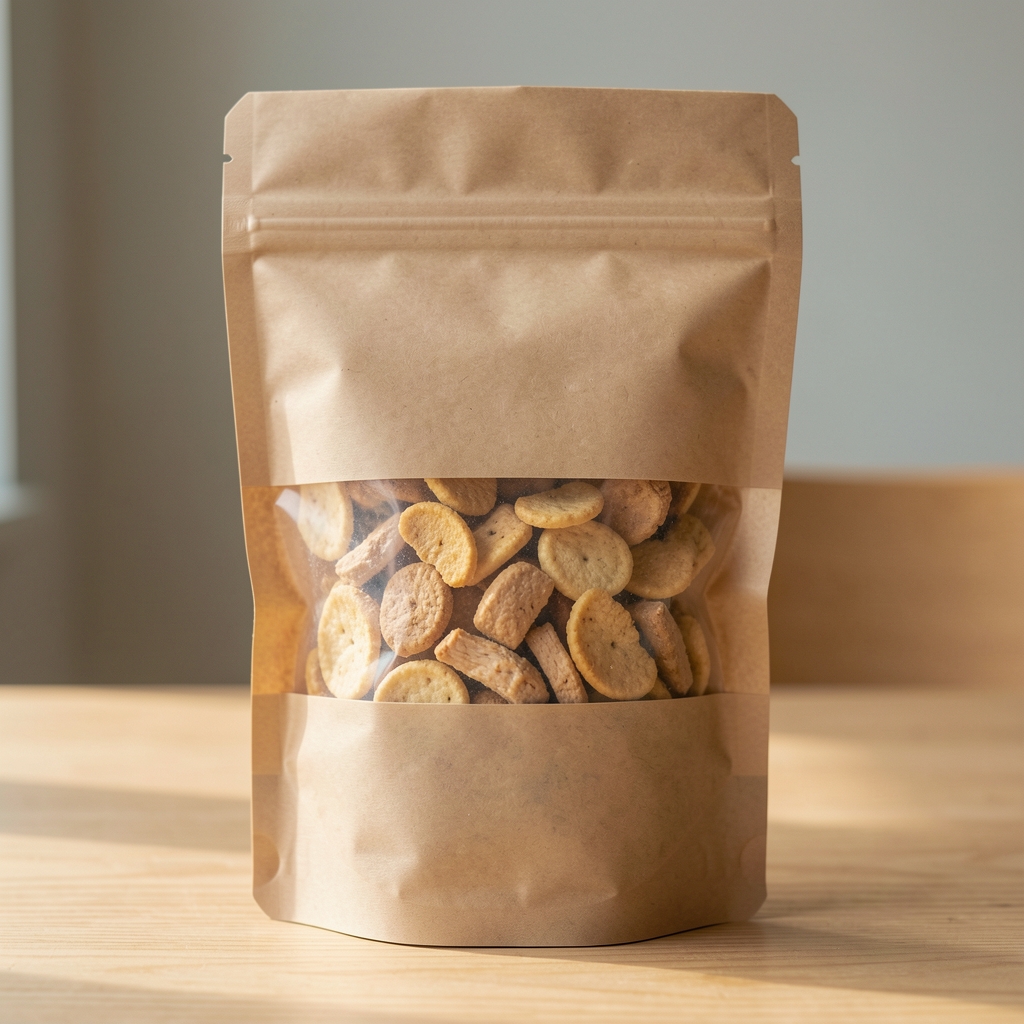 Bolsa de snacks naturales para perros pequeños con trocitos de pollo deshidratado sin conservantes artificiales