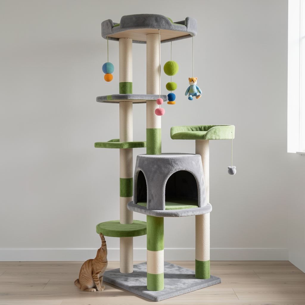 Árbol rascador para gatos de 150cm altura con plataformas, cueva y juguetes colgantes en tonos grises y verdes