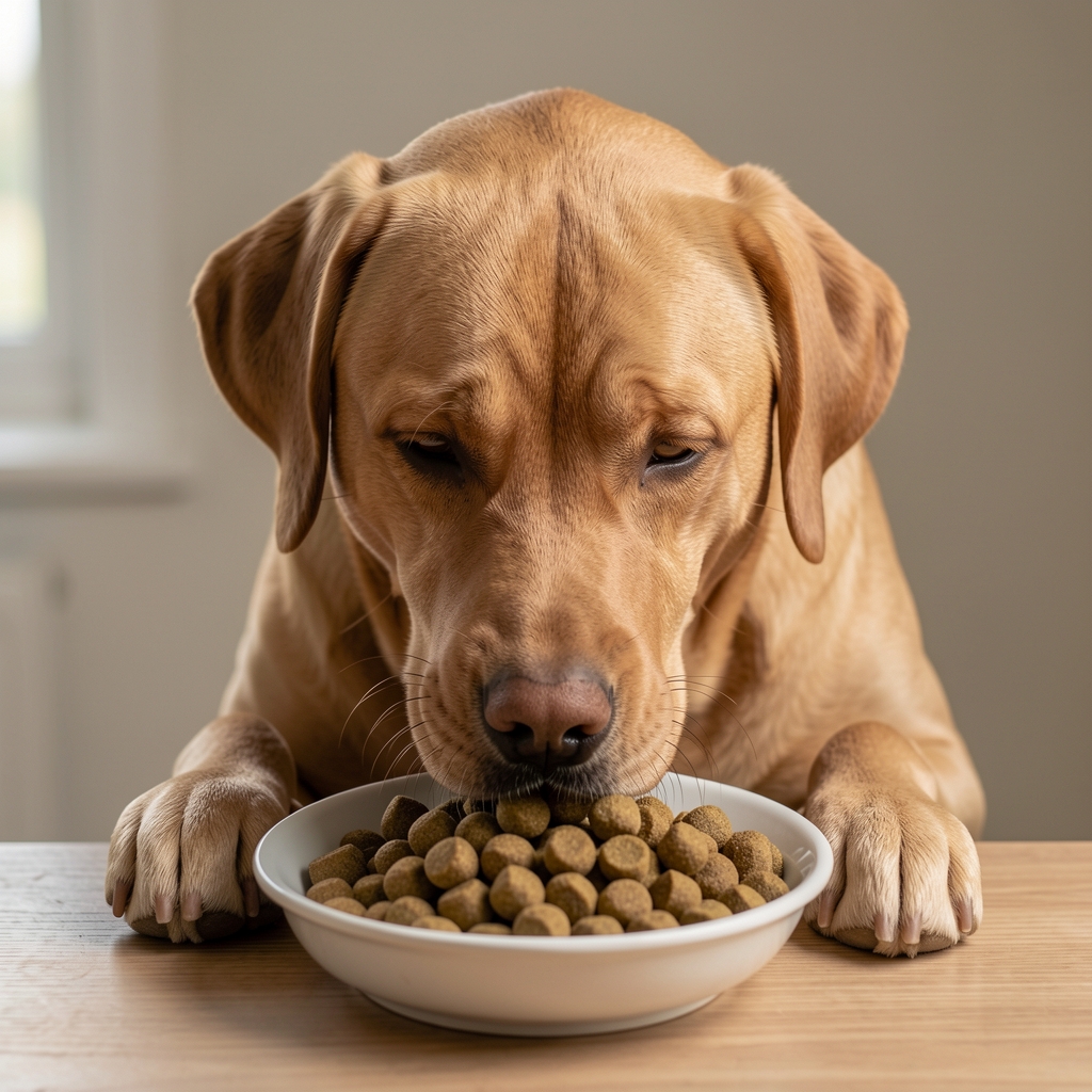Perro labrador adulto de tamaño mediano comiendo croquetas Royal Canin de su plato, expresión satisfecha