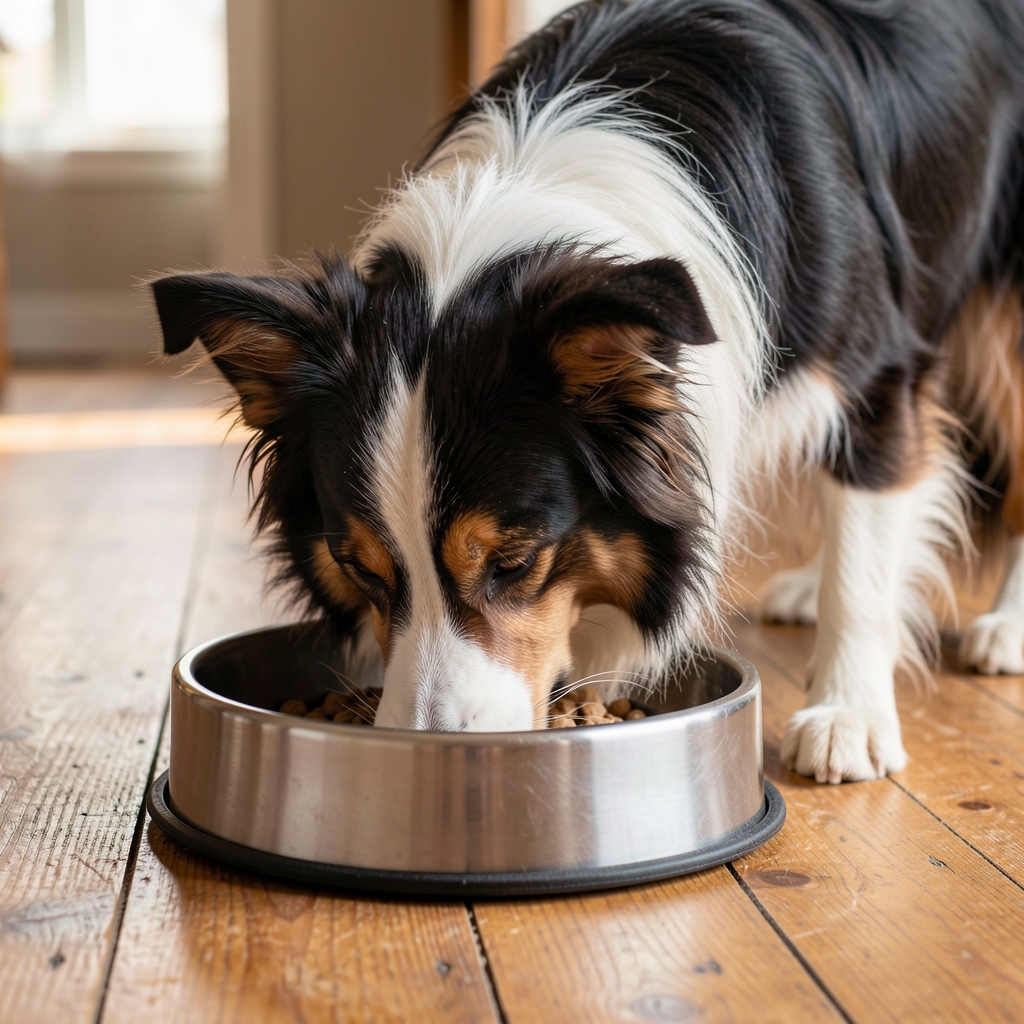 Perro border collie adulto comiendo Royal Canin de un comedero de acero inoxidable sobre piso de madera, con pelaje brillante y saludable